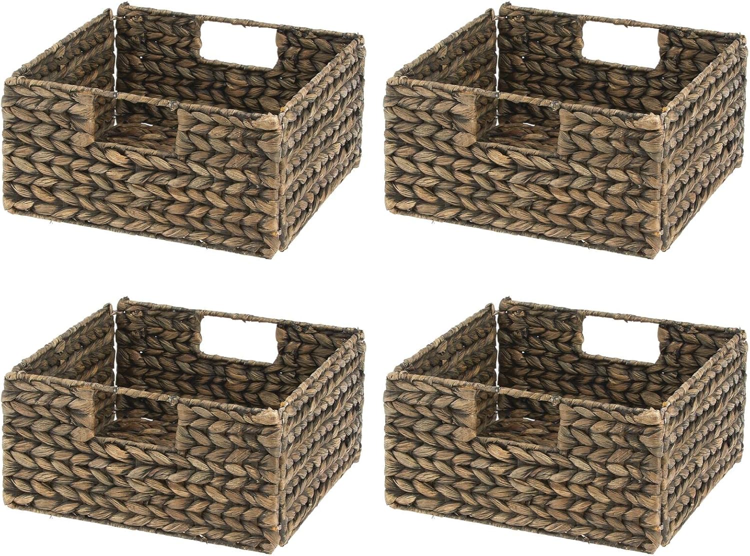Woven Hyacinth Storage Bin Basket Organizer with Handles, Foldable Square Bins, 4 Pack, Brown Wash F786
