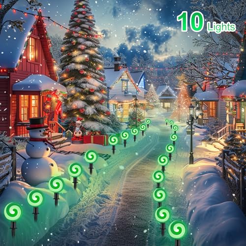 Unicorn Christmas Lollipop Pathway Lights, 10 LED Peppermint String Lights with Stakes Z721