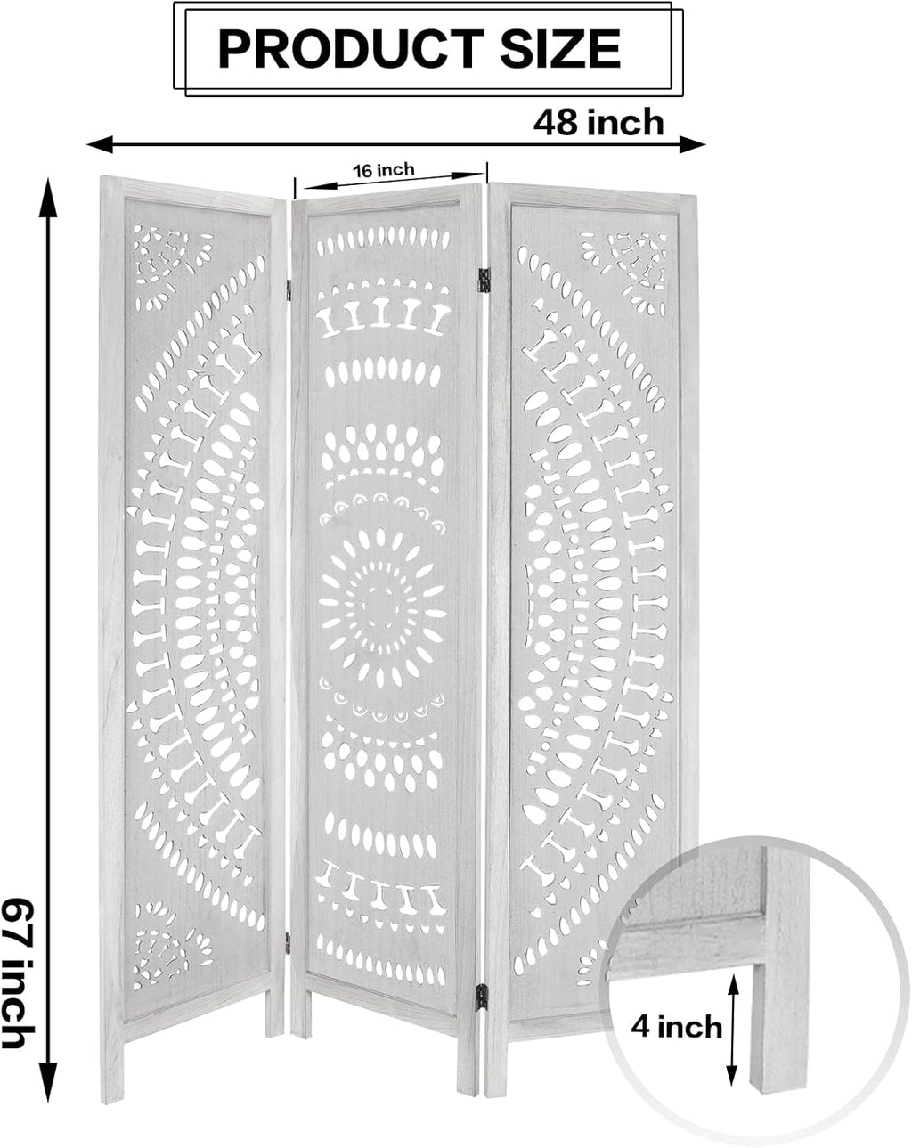 3 Panel Carved Wood Room Divider, 5.6ft Tall Folding Privacy Screen, White V742056