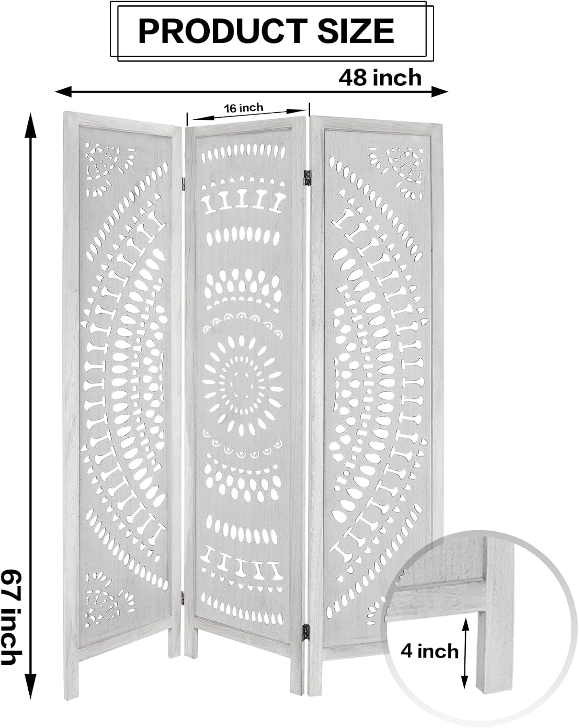 3 Panel Carved Wood Room Divider, 5.6ft Tall Folding Privacy Screen, White V742056