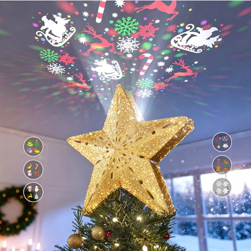 Christmas Tree Topper Lighted Star with 6 Projected Patterns, 3D Hollow Sparkling Star K7783