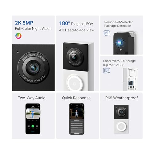 Smart Video Doorbell Camera Wired, 2K 5MP, Color Night Vision, 180° View H116622