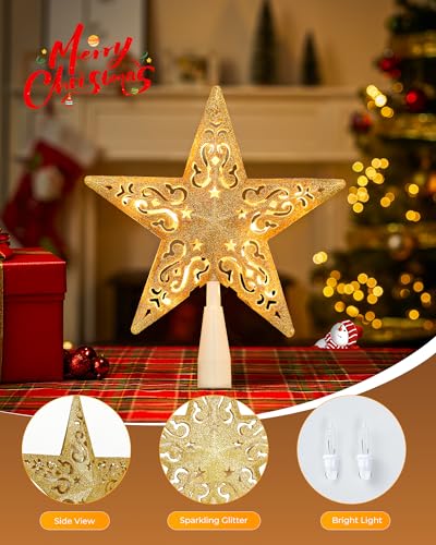 Christmas Star Tree Topper Lighted 3D Gold Pentagram with 10 Bulbs Plug In B67124