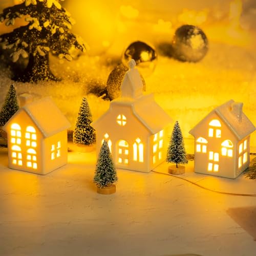 7PCS Christmas Village Sets - 3 LED Lighted Ceramic Houses with Remote & 4 Trees D535
