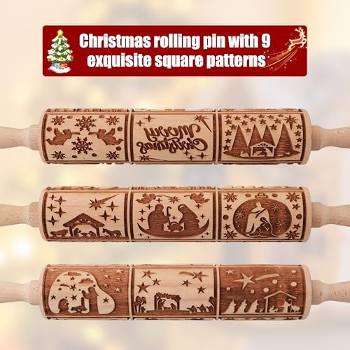 17" Wooden Rolling Pin for Baking with Christmas Embossed Designs, 3mm Deep Cookie Molds, Includes Cleaning Brush L8431