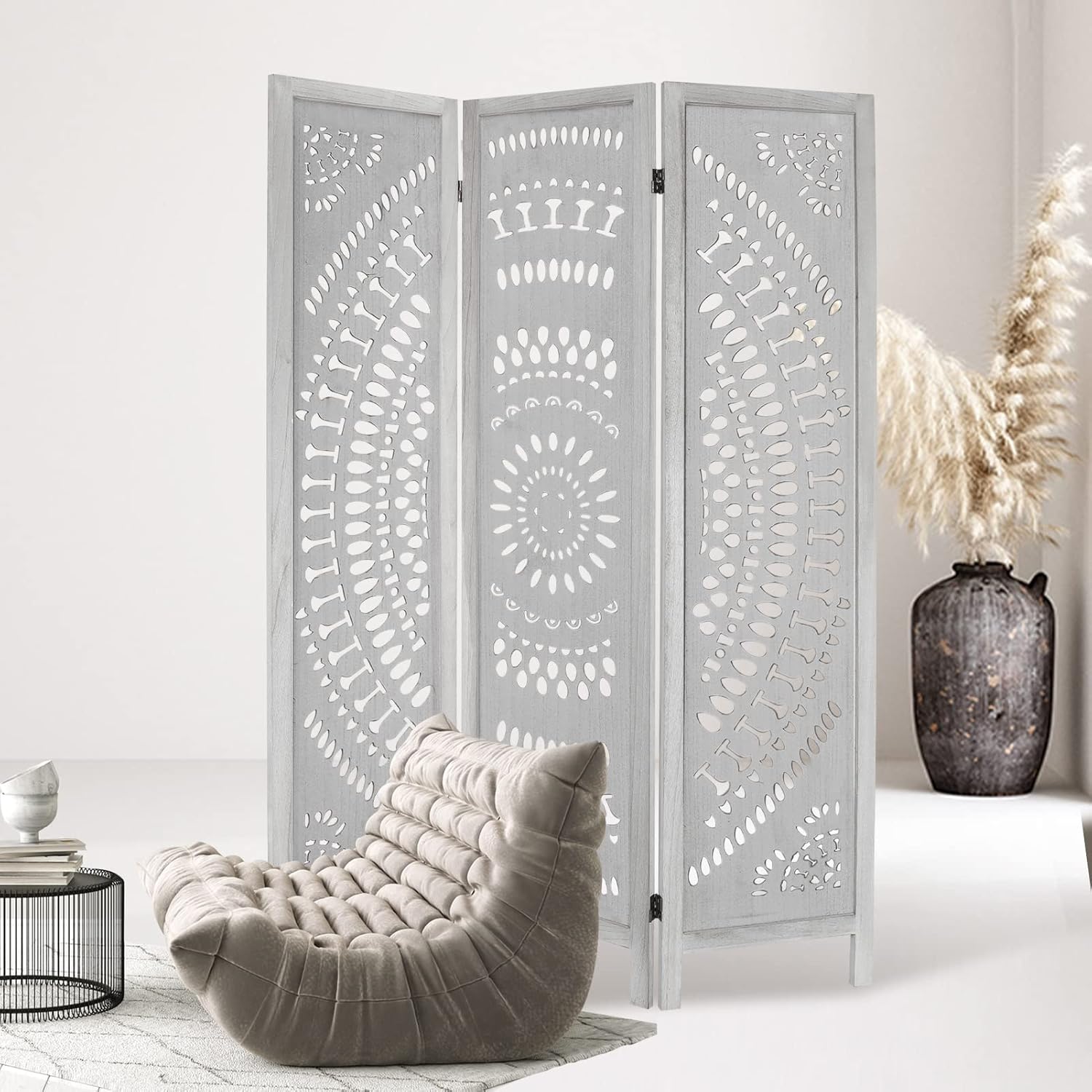 3 Panel Carved Wood Room Divider, 5.6ft Tall Folding Privacy Screen, White V742056