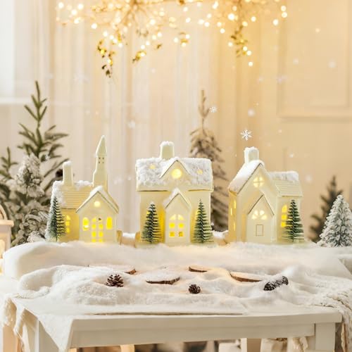 White Ceramic Christmas Village Houses with LED Lights, 3-Piece Set W44352
