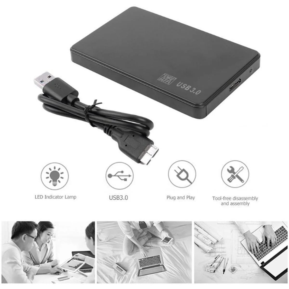 2.5in to USB 3.0 Solid State Enclosure for HDD SSD, 2-Pack with Cables, Black V82452
