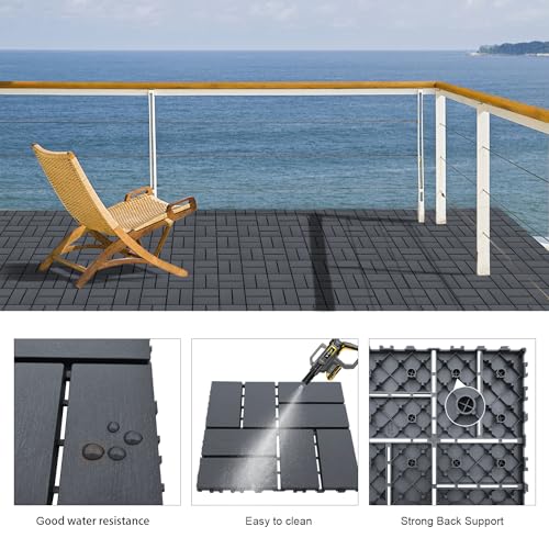 Interlocking Deck Tiles Outdoor Waterproof Patio Flooring, 12 Pack, Dark Grey Y56055
