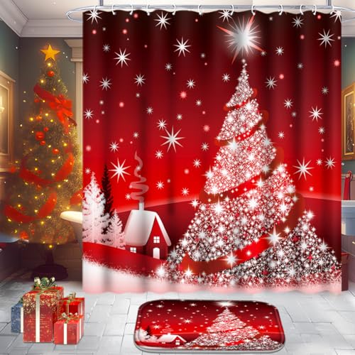 Christmas Bathroom Set with Shower Curtain, Rugs, and Hooks F236