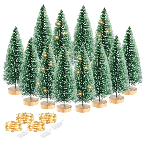 12 Pcs Mini Christmas Tree with Lights, 4" Artificial Bottle Brush Trees with Wooden Bases Christmas Table Decor Bottle Brush Trees with LED Light String for DIY Christmas Party Decorations (Green)