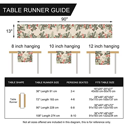 Winter Pine Cone Needle Branch Berry Table Runner, Watercolor Botanical Tabletop Scarf, Christmas Farmhouse Holiday Dining Decoration O823579