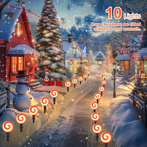 Unicorn Christmas Lollipop Pathway Lights, 10 LED Peppermint String Lights with Stakes Z721