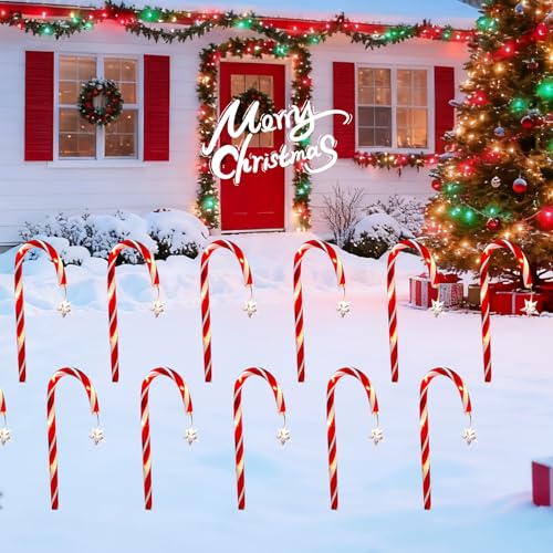 Candy Cane Solar Pathway Lights, 10 Pack, 8 Modes, Waterproof Outdoor Christmas Decor D9906