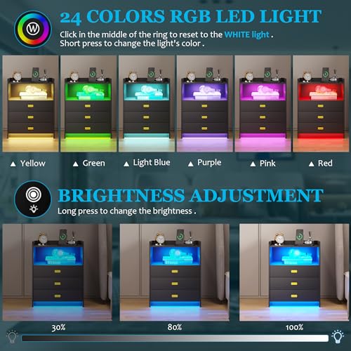 Nightstand with Charging Station, LED Night Stand with 24 Colors, 3 Drawers and Open Storage, USB Ports for Bedroom, White R1651