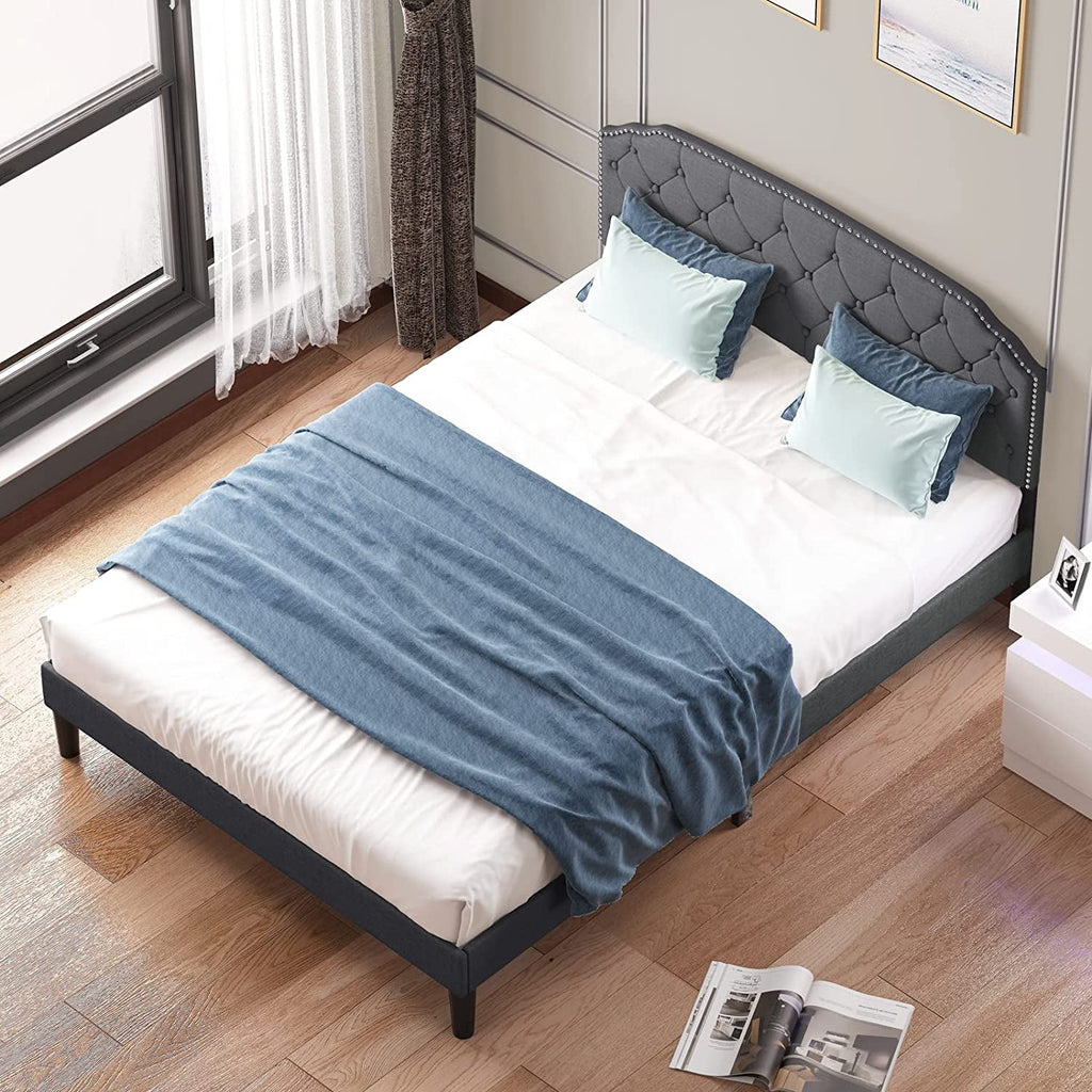 Queen Size Platform Bed Frame with Tufted Upholstered Headboard, Dark Grey E37329