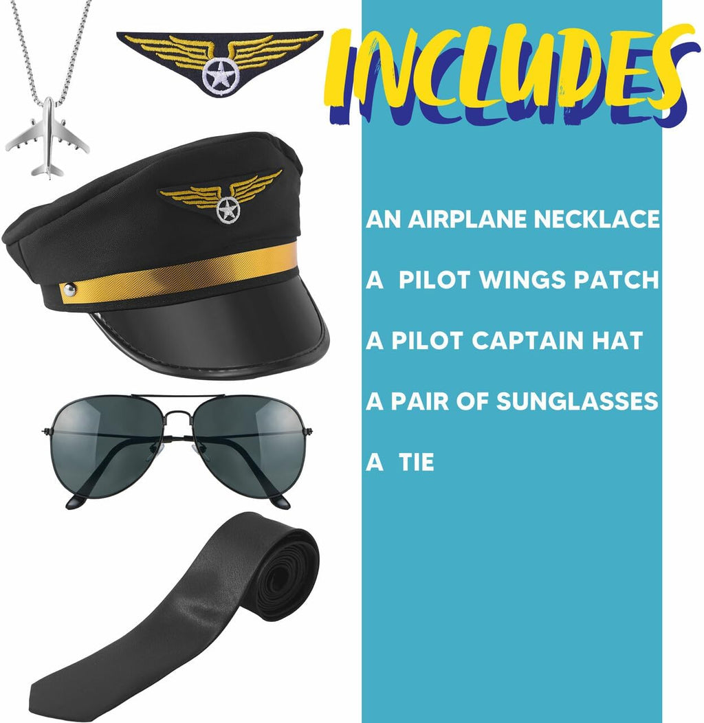 Airline Pilot Captain Costume Kit, 5 PCS Dress Up Accessory Set with Sunglasses, Tie, Hat, Wings Patch and Necklace H4159