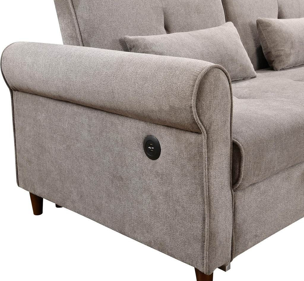 Convertible Sleeper Sofa Bed with Pullout Bed and USB Port, Brown O1037