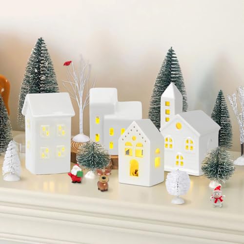 LED Christmas Village Set with 8 Ceramic Houses and 17 Trees Q91350