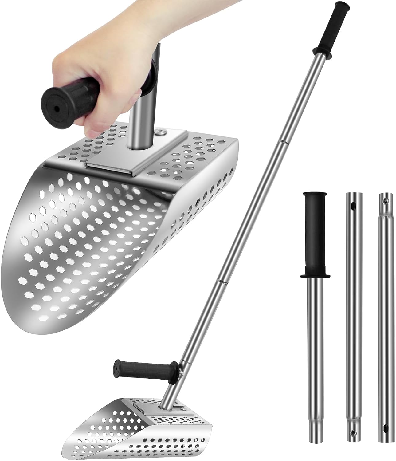 Long Handle Sand Scoop, Heavy Duty Stainless Steel Beach Sand Spoon for Metal Detecting with Long Handle, Long Steel Handle Pole Design for Metal Detection, Underwater Treasure Hunting
