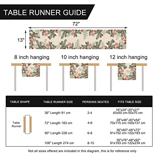 Winter Pine Cone Needle Branch Berry Table Runner, Watercolor Botanical Tabletop Scarf, Christmas Farmhouse Holiday Dining Decoration O823579