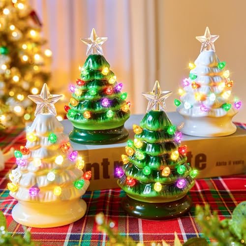 5 Inch Mini Ceramic Christmas Tree Set - 4 Pack Pre-lit Tabletop with Multicolored LED Lights Y881548