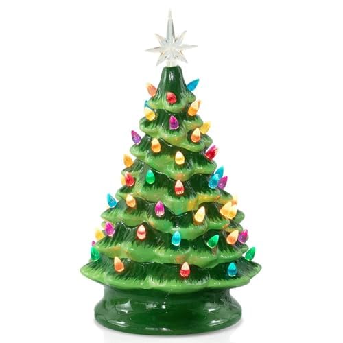 Ceramic Christmas Tree with Multicolored LED Lights, Battery Operated Tabletop Decor C5626