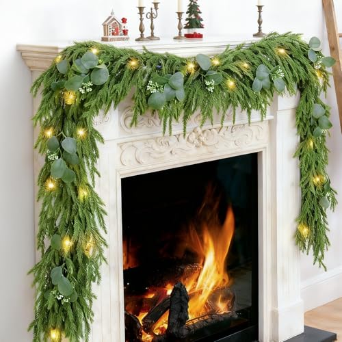 Christmas garland with lights, 9ft pre-lit for stairs and mantle I297