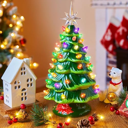 Ceramic Christmas Tree with Multicolored LED Lights, Battery Operated Tabletop Decor C5626