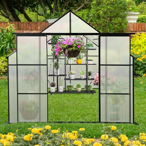8x10FT Walk-in Greenhouse with Double Sliding Doors, Polycarbonate Panels, Aluminum Frame H7634