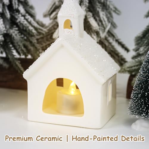 Christmas Village Set with 4 Lighted Ceramic Houses, 2 Trees, 2 Deer & Santa Y953107