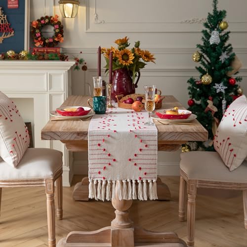 Christmas Table Runner 13 x 90 Inch Cotton Woven with Tassels Red and Beige B398787