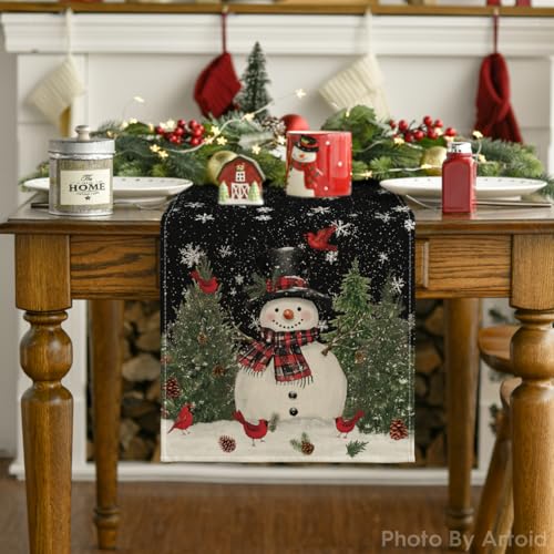 Snowman Christmas Birds Trees Table Runner, Winter Holiday Kitchen Dining Decoration, 13 x 72 Inch B443657