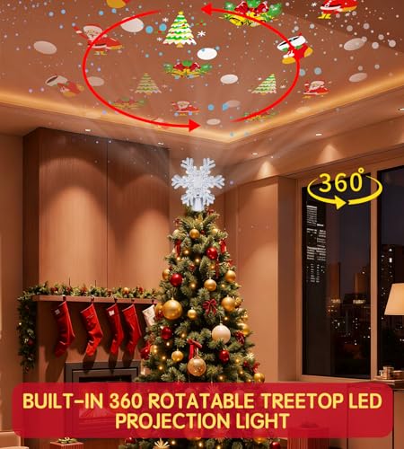 Christmas Tree Star Topper with LED Snowflake Projector, Plug In for Indoor Holiday Decor K8471