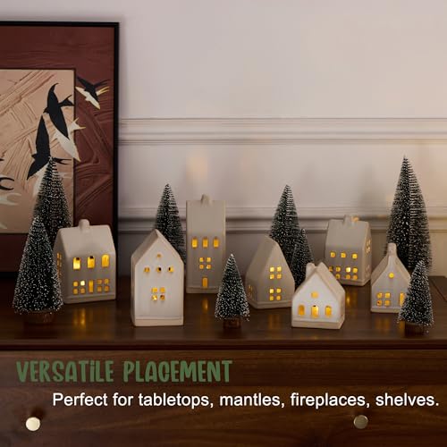 Christmas Village Set with 7 Ceramic Houses, LED Lights and 8 Snow Trees Y449