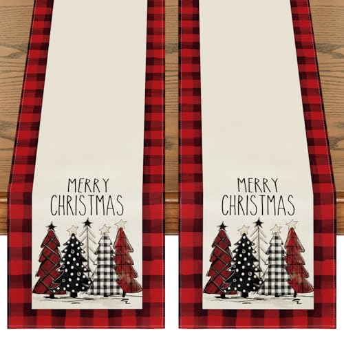 Buffalo Plaid Christmas Trees Table Runner, Winter Holiday Kitchen Dining Decor, 13 x 108 Inch D48516