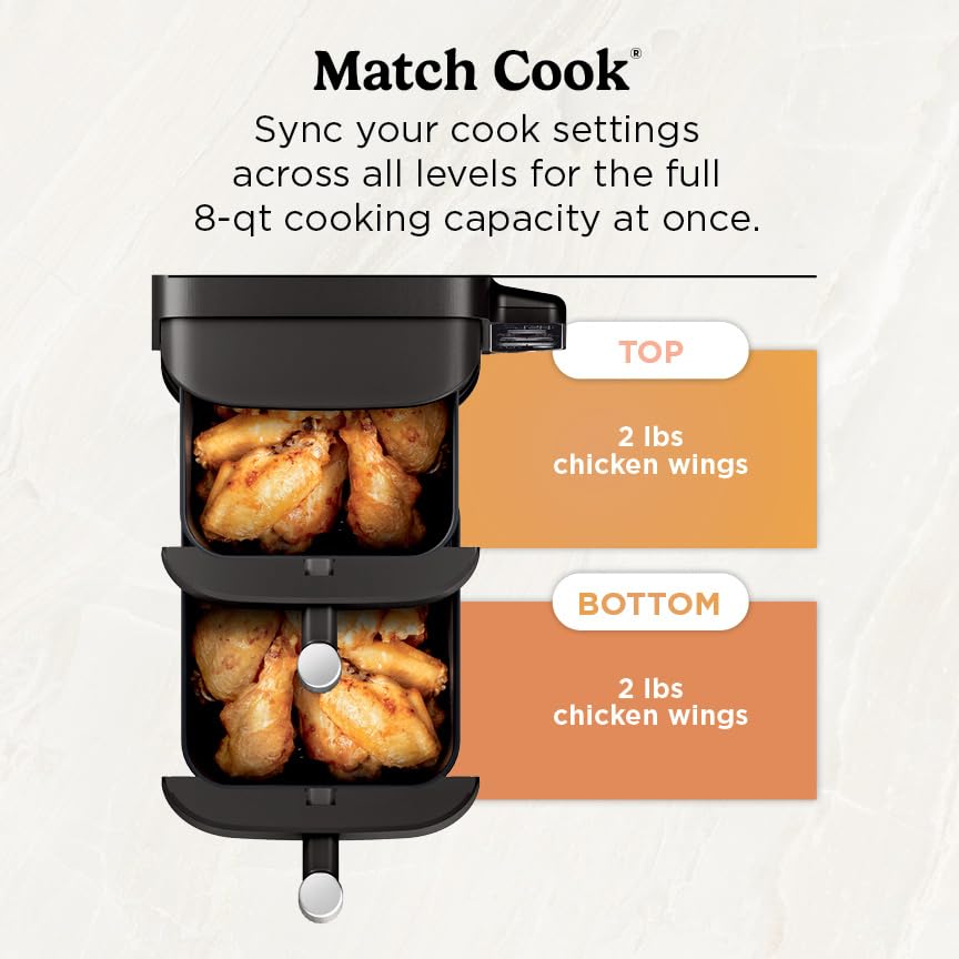 Air Fryer, 8 QT DoubleStack 2-Basket, Space Saving Design, 6-in-1, Roast & Bake, Dishwasher Safe Parts, Black N43591