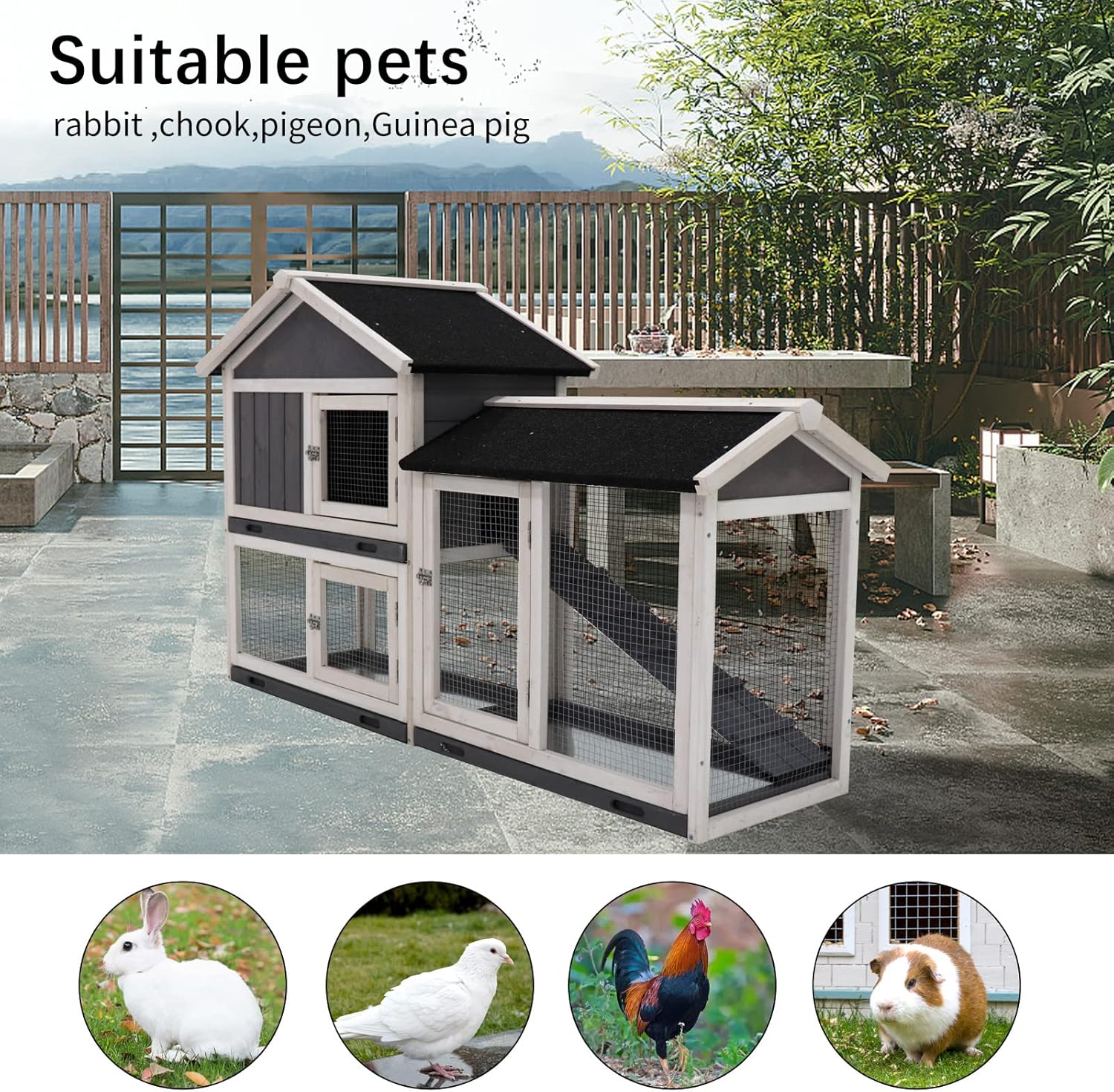 Rabbit Hutch with Run, No Leak Tray, UV Panel P37872