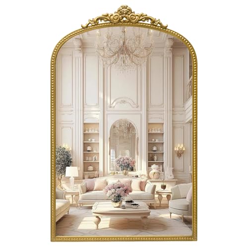 24" x 38" Antique Gold Arch Bathroom Mirror, Traditional Beaded Frame Wall Mirror, Retro Baroque Inspired Decorative Mirror for Vanity Bedroom Entryway Mantel