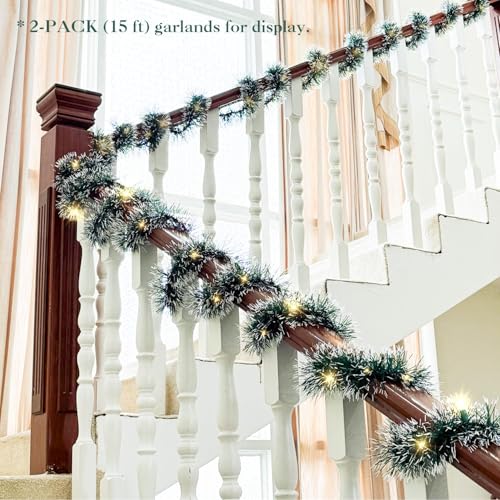 Christmas Garland with Lights 15FT, 2 Pack for Mantle, Stairs, Door & Wall Decor Q268