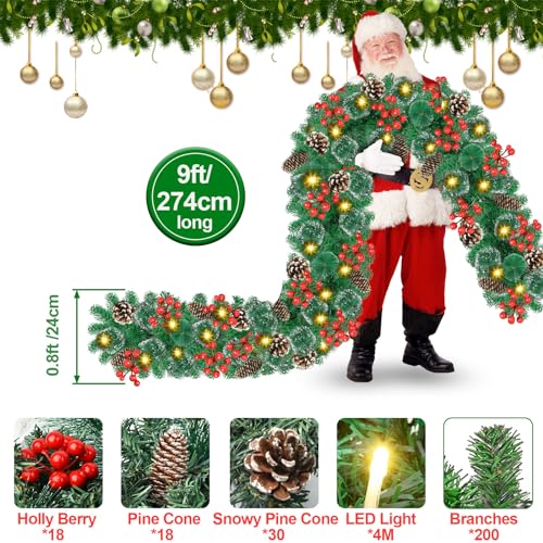Pre-lit Christmas Garland with LED Lights, Red Flowers and Berries Y488109