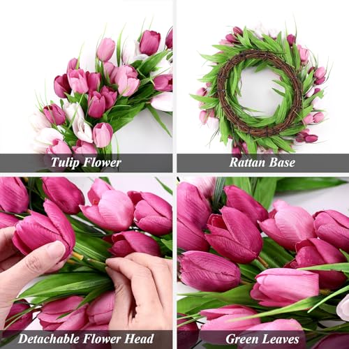 20 Inch Tulip Wreath with Green Leaves for Front Door Spring Summer Decor U733613