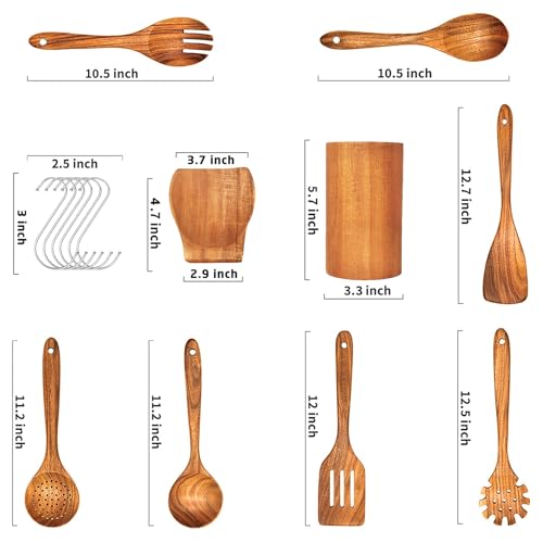 Natural Teak Wooden Spoons for Cooking, 10-Piece Kitchen Utensil Set I607645