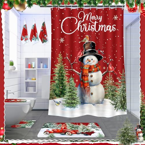 7 Pcs Christmas Shower Curtain Set with U Shape Rugs, Toilet Cover and 3 Towels W9950