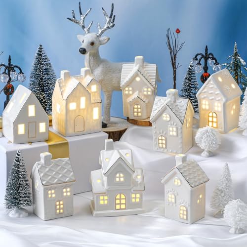28 Pcs Ceramic LED Christmas Village Set with Houses, Trees & Lamp Posts Y25286