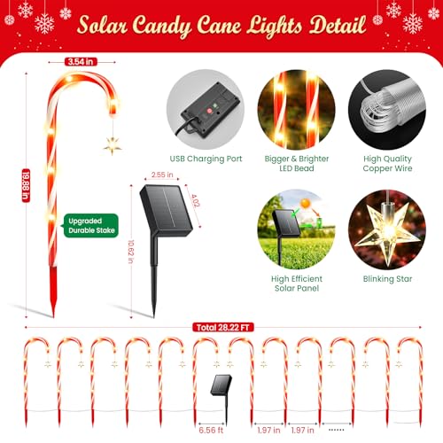 Solar Candy Cane Lights for Outdoor Christmas Decor, 72 LEDs, 10 Modes A470