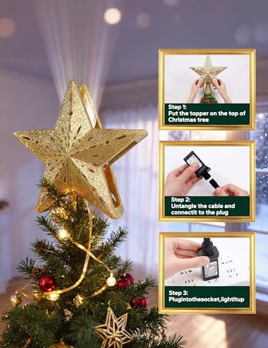 Christmas Tree Topper Lighted Star with 6 Projected Patterns, 3D Hollow Sparkling Star K7783