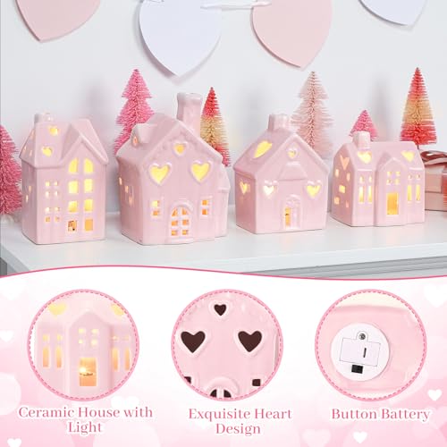 Pink Christmas Ceramic Village Decorations with Lighted Houses and Mini Pine Trees I1734