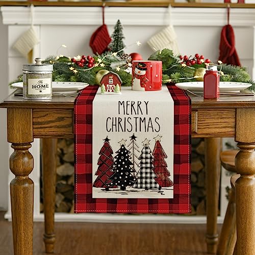 Buffalo Plaid Christmas Trees Table Runner, Winter Holiday Kitchen Dining Decor, 13 x 108 Inch D48516