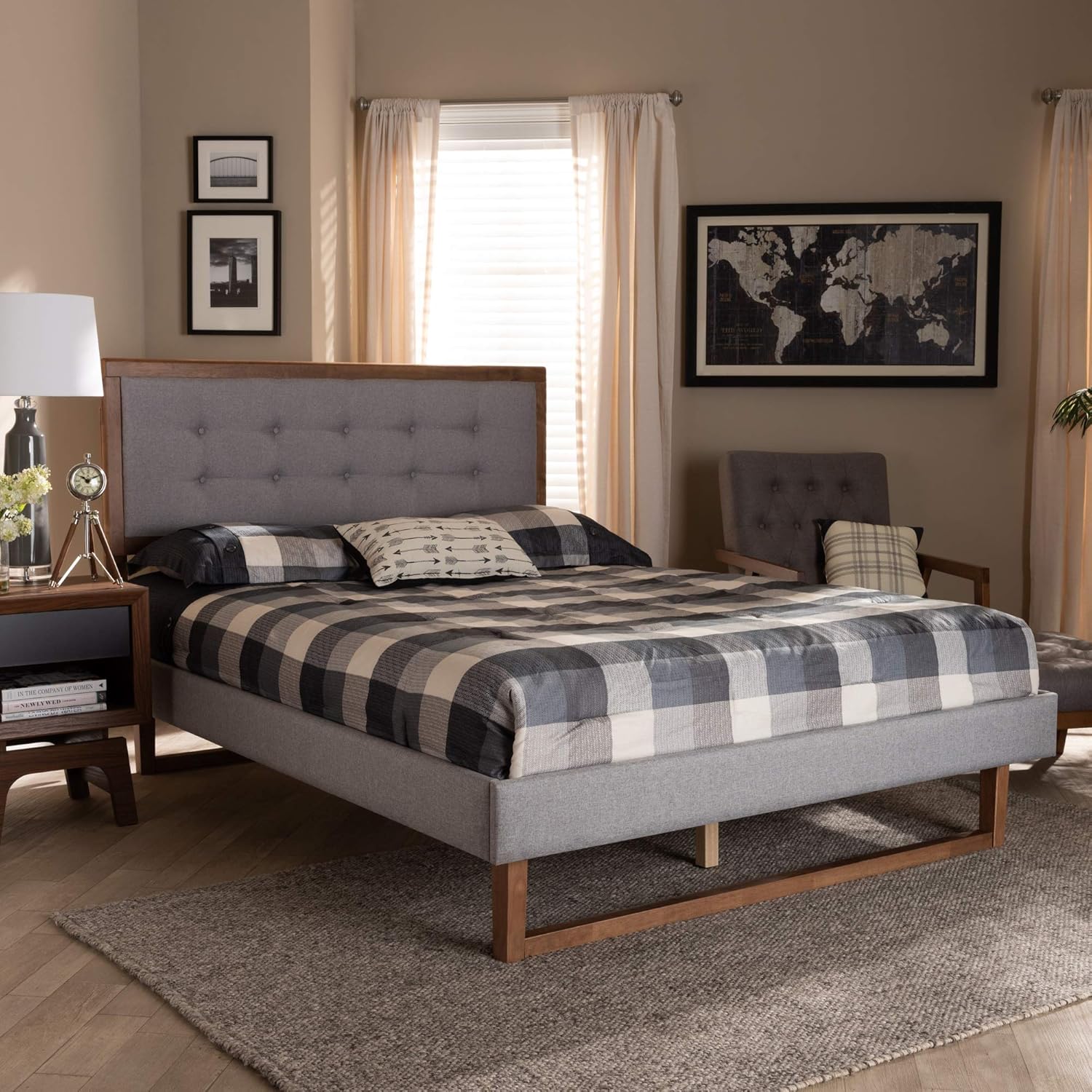 Full Platform Bed, Light Grey and Ash Walnut G537